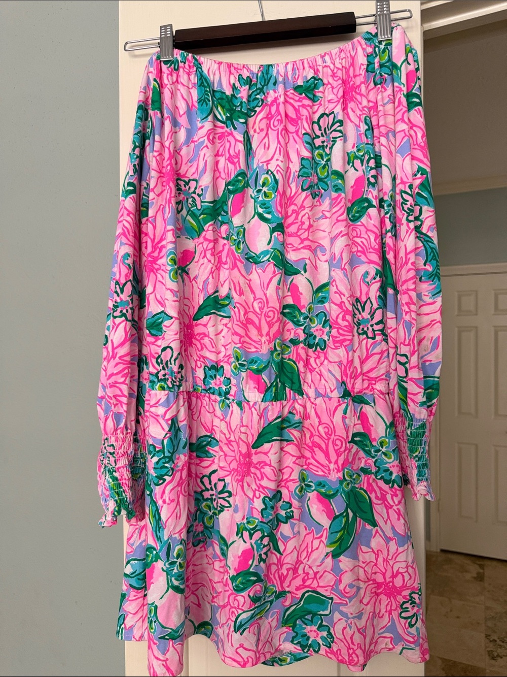 Lilly Pulitzer Pink Floral Romper  . Elasticized waist, long sleeved.